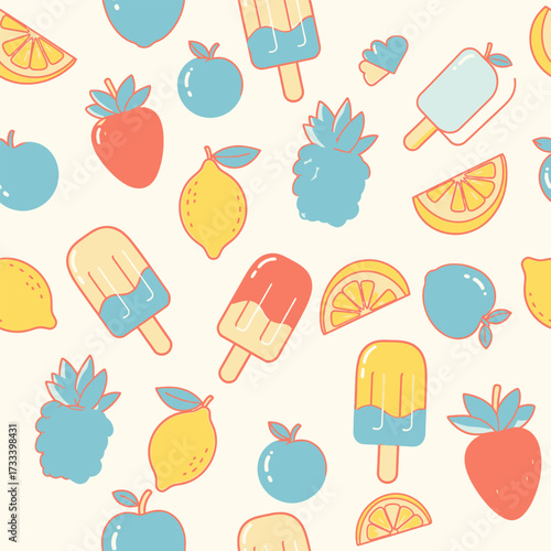 Seamless Pattern, Cute, Kawai, Summer Fruits and Popsicles, Delightful Design for Fabrics