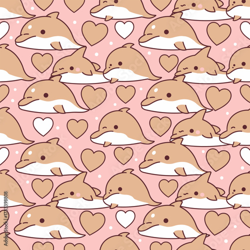 Seamless Pattern of Cute Kawaii Dolphins and Hearts for Prints, Textiles, and Wallpapers
