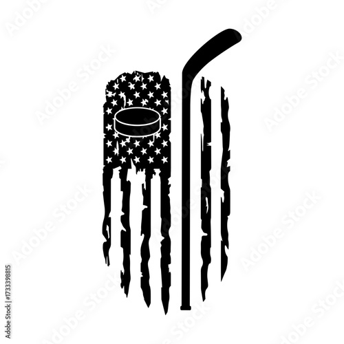 Hockey stick, hockey puck, US American flag svg cut file. Isolated vector illustration