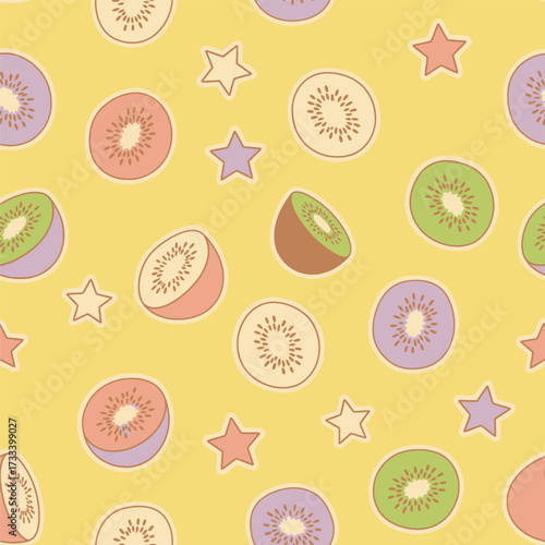 Seamless Pattern, Cute Kawaii Kiwi and Stars, Decorative Design on Yellow Background