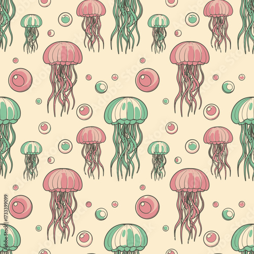 Seamless Pattern Cute Kawai Jellyfish Underwater Background Design