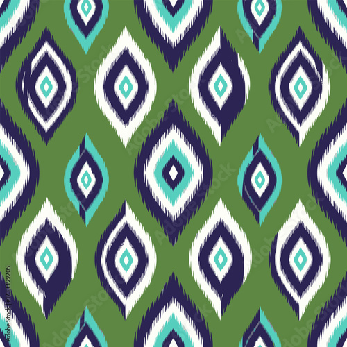 Cute Kawai Ikat Style Seamless Pattern with Abstract Geometric Leaf Shapes on a Green Background