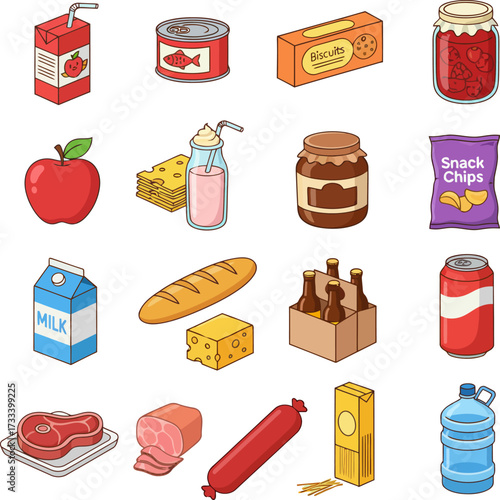 grocery items including a juice box, canned food, biscuits, jam, fruit, cheese, drinks, chips, milk, bread, bottled water, meat, and sausage. These are common supermarket products