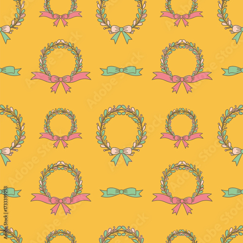 A charming Cute Kawai seamless pattern featuring hand-drawn floral wreaths and pink ribbons on a yellow background