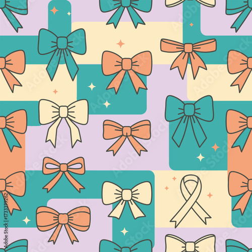 Cute Kawai Bows and Ribbons Seamless Pattern on a Colorful Geometric Background