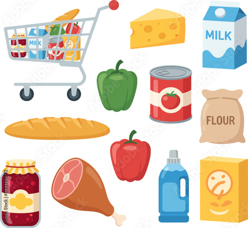 A collection of grocery items, including a shopping cart, cheese, milk, flour, bread, peppers, canned food, jam, meat, and detergent.