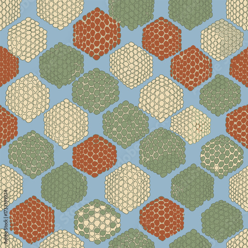 Cute Kawai Seamless Pattern with Hand-Drawn Textured Hexagons in Muted Tones