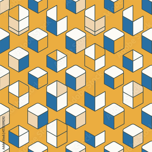 A charming Cute Kawai Seamless Pattern featuring geometric isometric cubes and blocks on a yellow background