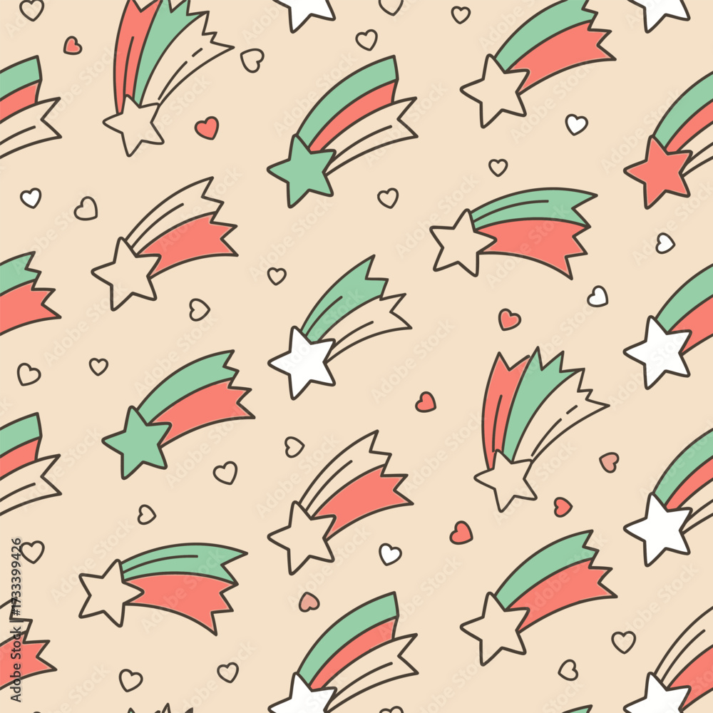Naklejka premium Cute Kawai Seamless Pattern with Colorful Shooting Stars and Hearts