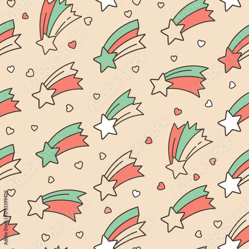 Cute Kawai Seamless Pattern with Colorful Shooting Stars and Hearts