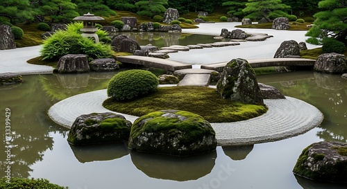 A beautiful Japanese garden pond landscape with a stone bridge, trees, and their serene reflection in the water