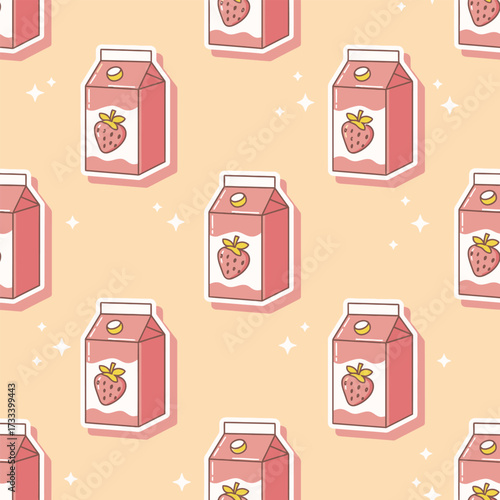 Cute Kawai Strawberry Milk Seamless Pattern with Adorable Pink Drink Cartons for a Sweet Background