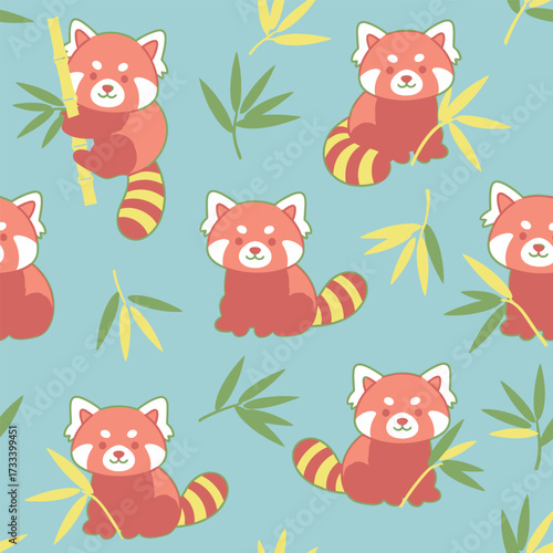 Seamless Pattern of Cute Kawai Red Pandas with Bamboo on a Blue Background for Kids