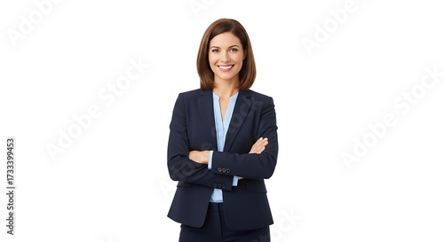 Young business woman in suit standing in front of a city building looking at urban skyline, isolated on white background