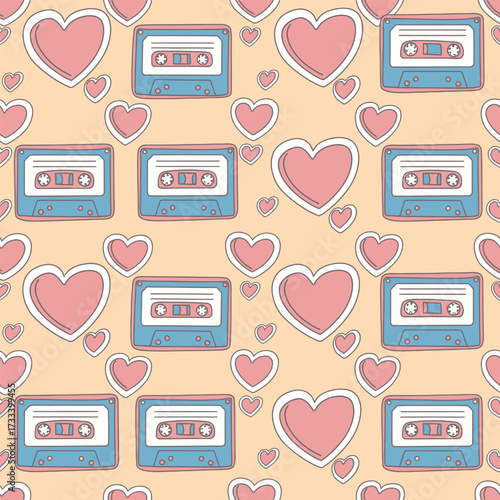 Cute Kawai Seamless Pattern with retro audio cassette tapes and romantic love hearts. Vintage 80s music concept