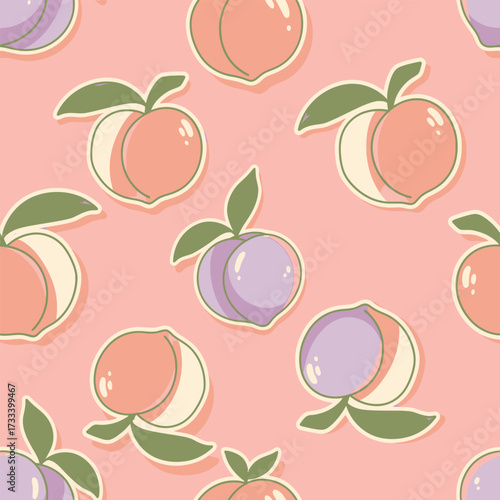 Adorable sticker style fruit illustration featuring a cute Kawai seamless pattern of pastel peaches on a pink background