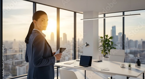 Young business woman in a suit standing in front of a city building looking towards the urban skyline