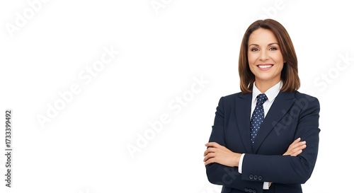 Young business woman in suit standing in front of a city building looking at urban skyline, isolated on white background