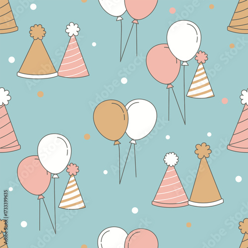 Cute Kawai Seamless Pattern with Hand-Drawn Birthday Party Hats and Celebration Balloons Illustration