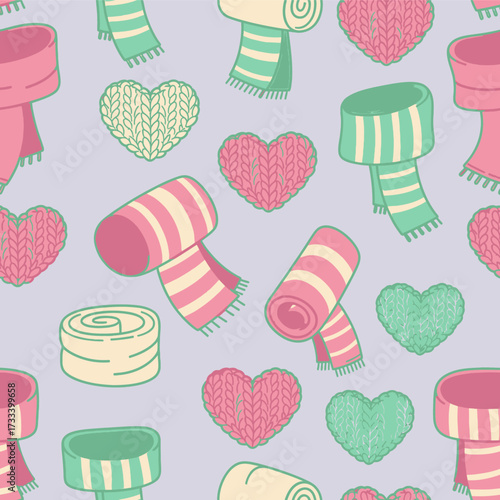 Cute and Cozy Kawai Seamless Pattern with Hand-Drawn Scarves and Knit Hearts