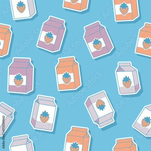 A delightful Seamless Pattern featuring Cute Kawai strawberry milk cartons for a sweet and charming background