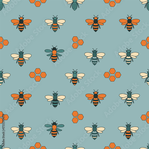 Cute Kawai bee and honeycomb seamless pattern vector illustration on a blue background