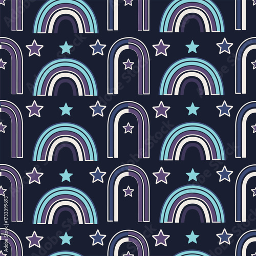 Cute Kawai Seamless Pattern with Stylized Rainbows and Stars on a Dark Blue Background