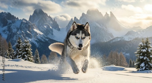A husky running through snow covered ground with mountains and trees in the background on a sunny day