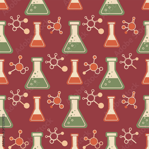 Retro Chemistry Seamless Pattern with Cute Kawai Molecules and Laboratory Flasks