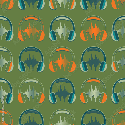 Cute Kawai headphones with sound waves in a retro seamless pattern design