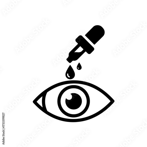 This simple yet poignant design features a single eye dropper bottle administering one or two drops into an open, watchful eye. The image represents routine eye care, treatment, prevention