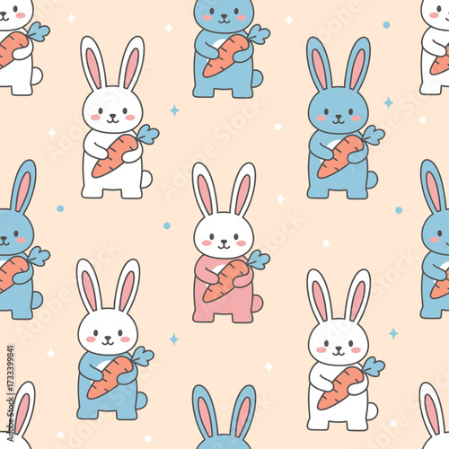 Seamless Pattern of Cute Kawai Rabbits Holding Carrots. Adorable Cartoon Bunny Background for Children