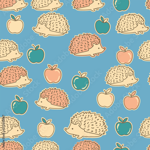 Cute Kawai Seamless Pattern of cartoon hedgehogs and apples, a whimsical forest animal background