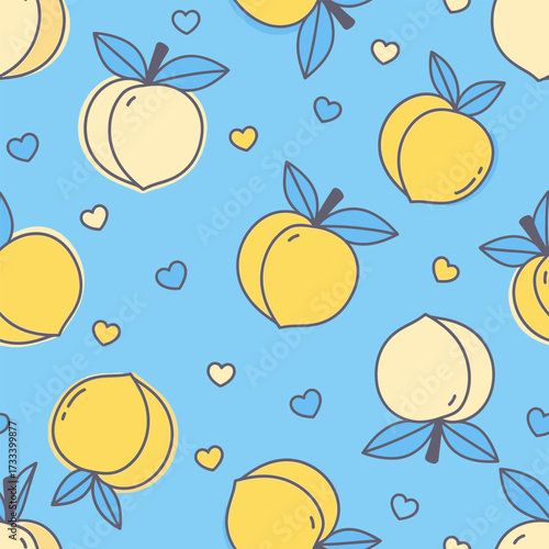 A Cute Kawai Seamless Pattern Featuring Cartoon Peaches and Hearts on a Blue Background