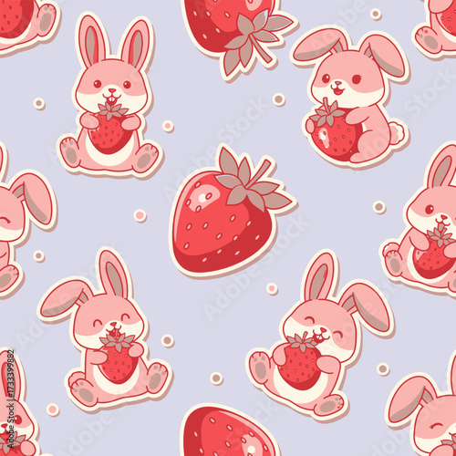 Cute Kawai Seamless Pattern of pink bunnies holding fresh red strawberries on a pastel background