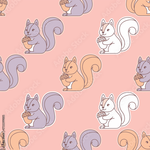 Seamless pattern featuring a cute Kawai squirrel with an acorn on a pastel pink background