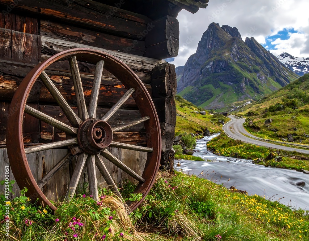 Fototapeta premium Rustic cabin beside mountain road