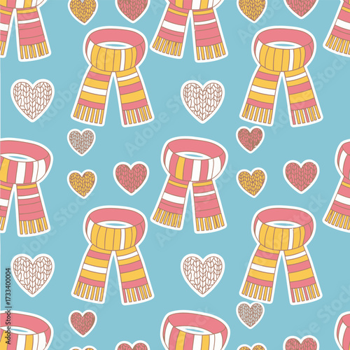 Cute Kawaii Seamless Pattern with Winter Scarves and Knitted Hearts on a Blue Background for Textile and Decor