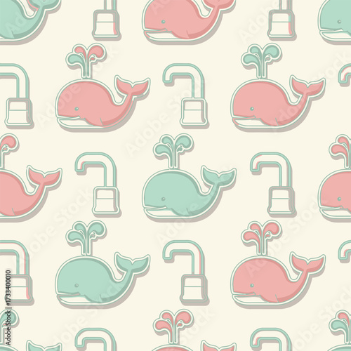 A Cute Kawaii Seamless Pattern featuring adorable pink and blue whales and water taps for nursery decor