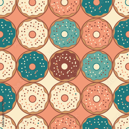 Cute Kawaii Donuts and Sprinkles in a Colorful Seamless Pattern Background