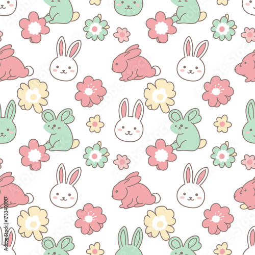 Cute Kawai Seamless Pattern Featuring Adorable Rabbits and Cheerful Spring Flowers