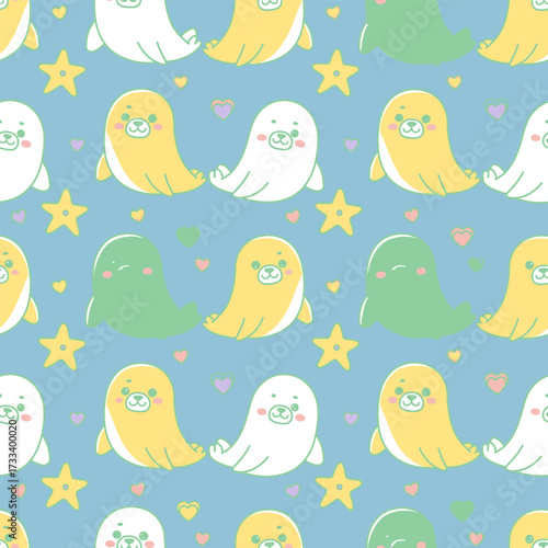 Adorable Seamless Pattern with Cute Kawai Seals, Hearts, and Stars for Nursery Decor