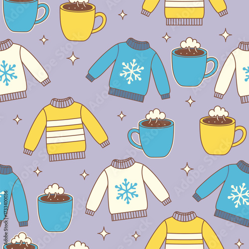Cute Kawai Seamless Pattern with Cozy Winter Sweaters and Hot Chocolate Mugs