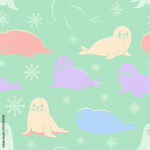 Charming Winter Seamless Pattern Featuring Cute Kawaii Baby Seals and Snowflakes in Pastel Colors
