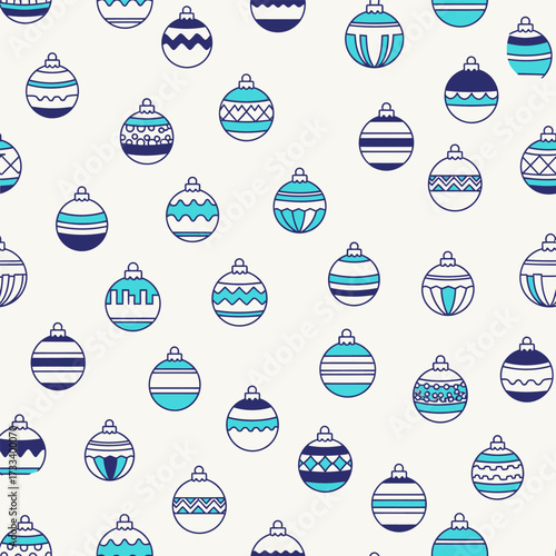 Seamless Pattern with Cute Kawaii Blue and White Christmas Bauble Ornaments
