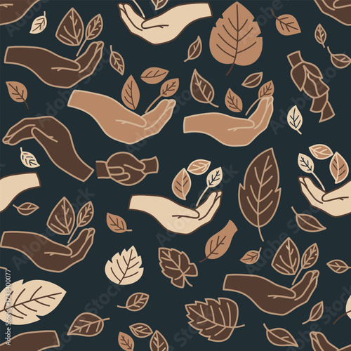 Cute Kawai Seamless Pattern of diverse hands holding leaves, symbolizing environmental care and nature