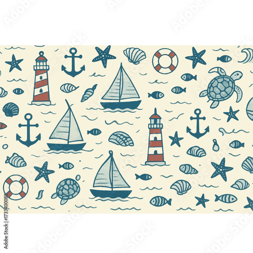 Sea seamless pattern with nautical elements
