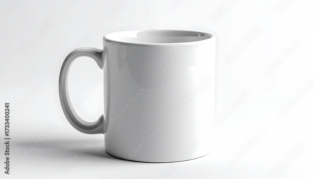 Fototapeta premium A plain white ceramic mug with a handle, isolated on a bright white background