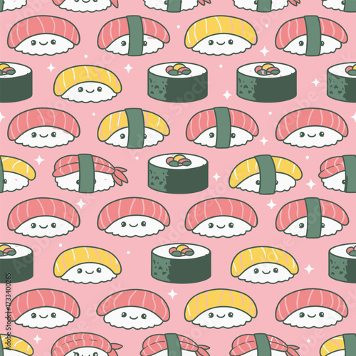 A Cute Kawaii Seamless Pattern featuring Charming Blue Foxes and Whimsical Red Mushrooms, Perfect for Children's Designs or Fabric Backgrounds