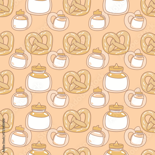 A Cute Kawaii Seamless Pattern featuring Charming Blue Foxes and Whimsical Red Mushrooms, Perfect for Children's Designs or Fabric Backgrounds